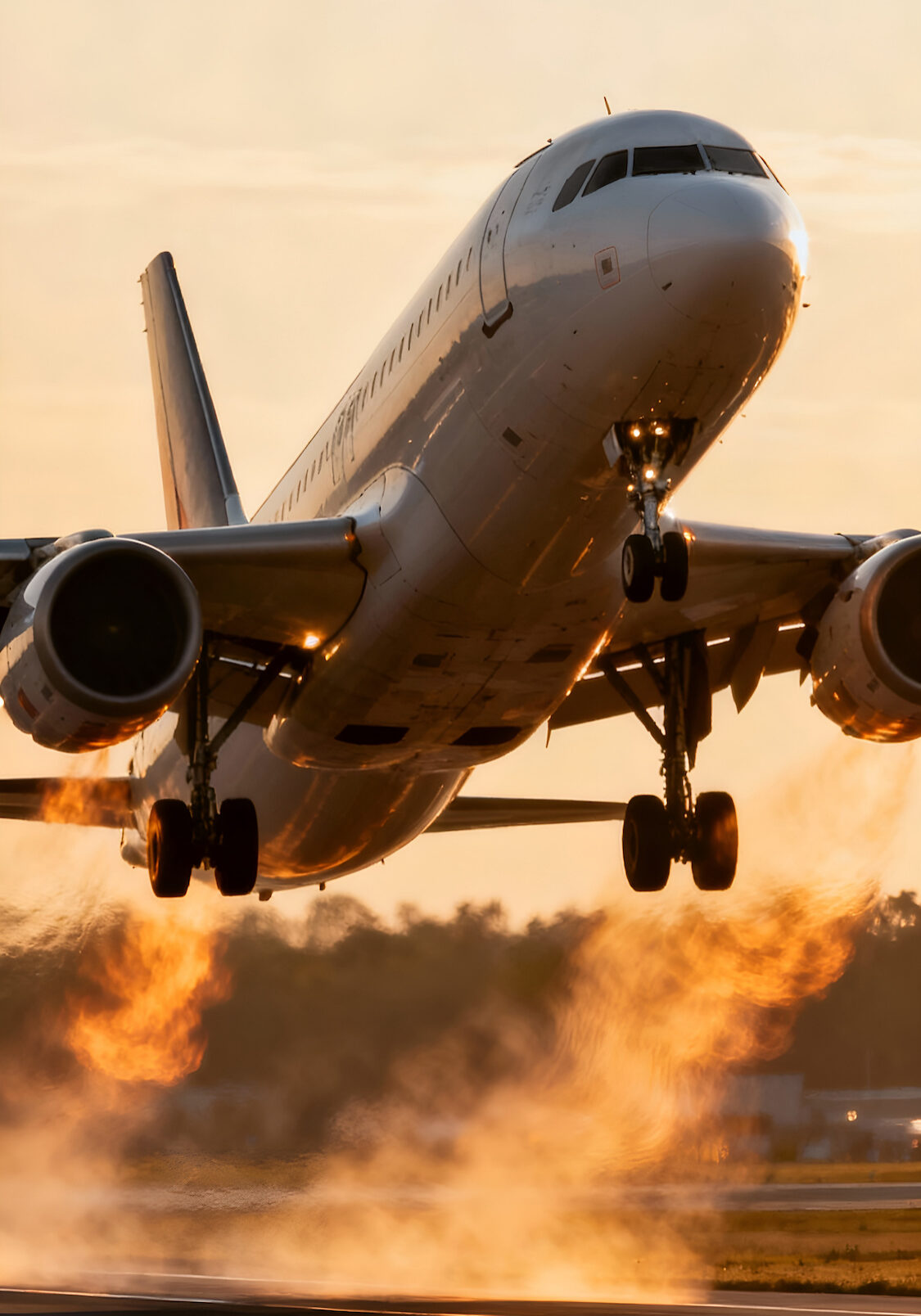 A commercial airplane lifts off the runway during sunset, with flames visible from the engines and a warm glow in the background.